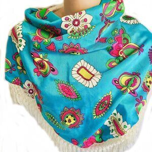 VINTAGE FLOWER POWER LINED TURQUOISE /FUSHIA  WHITE FRINGE 60'S FESTIVAL SHAWL